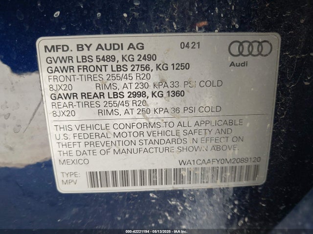 WA1CAAFY0M2089120 Audi 2021