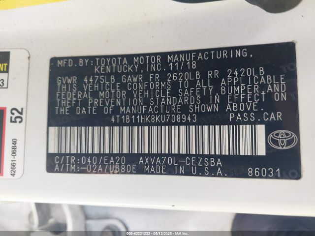 4T1B11HK8KU708943 Toyota CAMRY SE