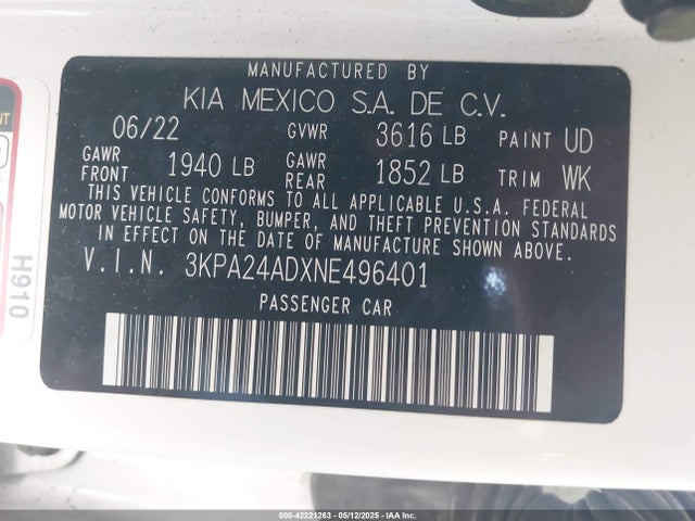 3KPA24ADXNE496401 KIA RIO LX