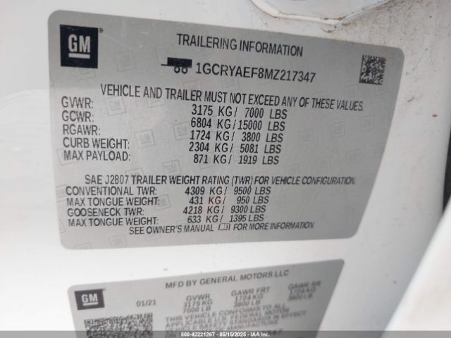 1GCRYAEF8MZ217347 Chevrolet Silverado 1500 4wd Double Cab Standard Bed Wt