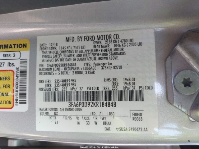 3FA6P0D92KR184848 Ford Fusion Titanium