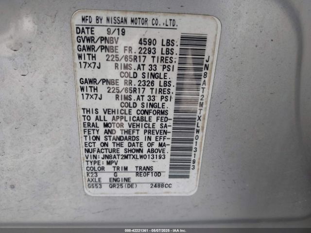 JN8AT2MTXLW013193 Nissan Rogue Sv Fwd