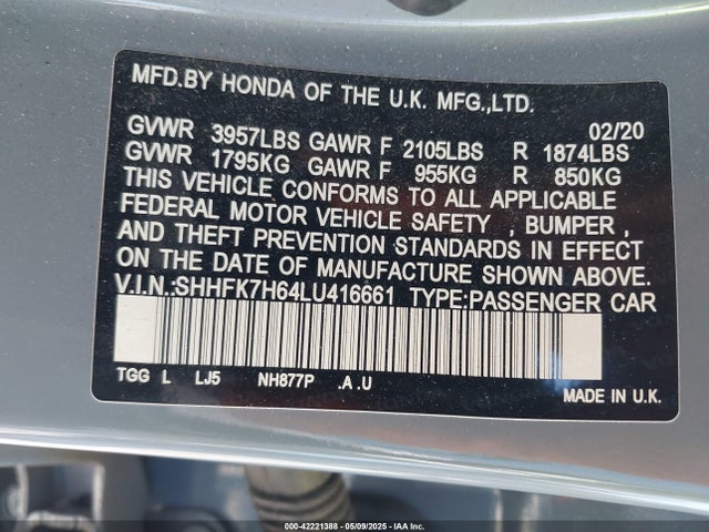 SHHFK7H64LU416661 Honda CIVIC EX