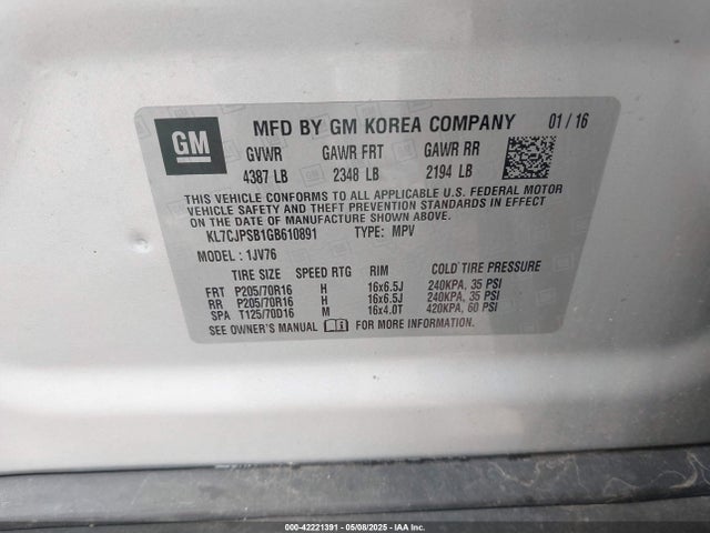 KL7CJPSB1GB610891 Chevrolet Trax Lt