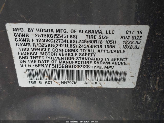 5FNYF5H56GB028928 Honda j35y6