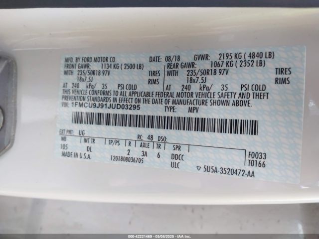 1FMCU9J91JUD03295 Ford Escape Titanium