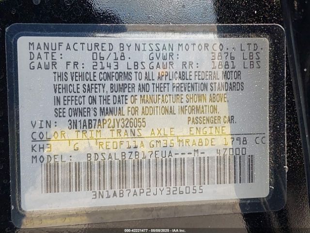 3N1AB7AP2JY326055 Nissan SENTRA S