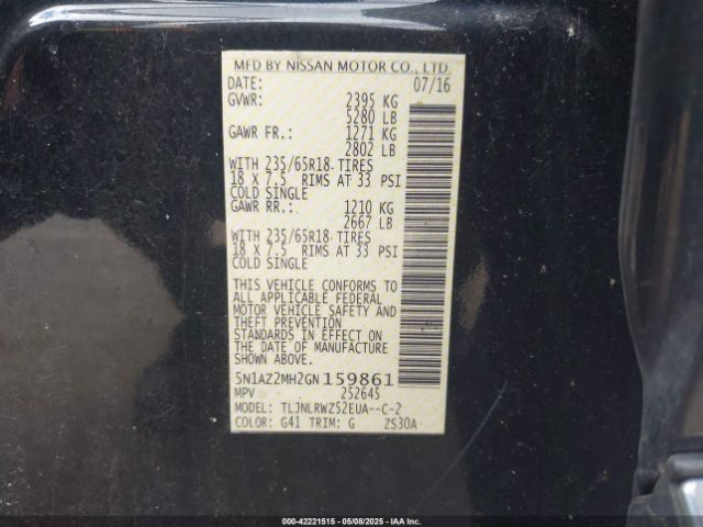 5N1AZ2MH2GN159861 Nissan MURANO SL
