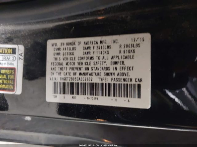 1HGCT2B05GA002832 Honda Accord Touring