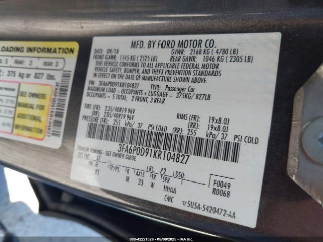 2019 FORD FUSION 3FA6P0D91KR104827 Photo 8