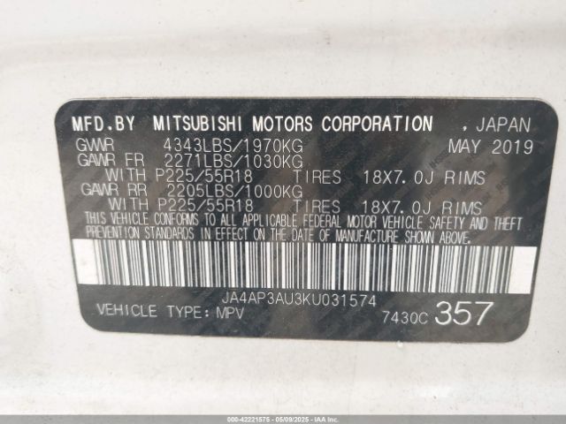 2019 MITSUBISHI OUTLANDER SPORT JA4AP3AU3KU031574 Photo 8