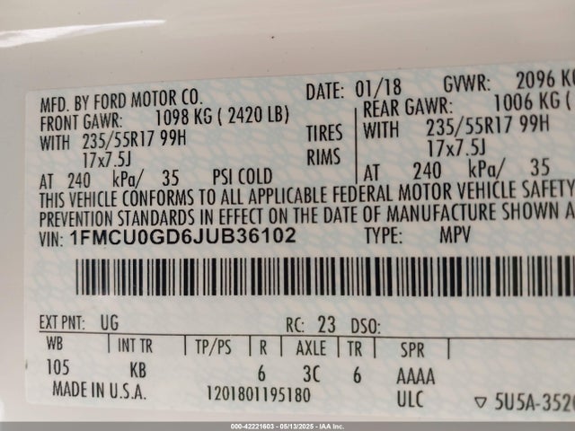 Ford ESCAPE SE 2018 1FMCU0GD6JUB36102 Image 9