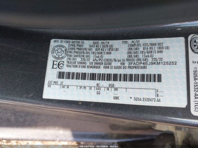 3FADP4EJ9KM125252 Ford FIESTA SE