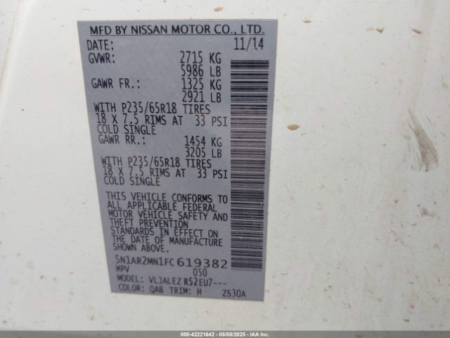 5N1AR2MN1FC619382 Nissan Pathfinder Sv
