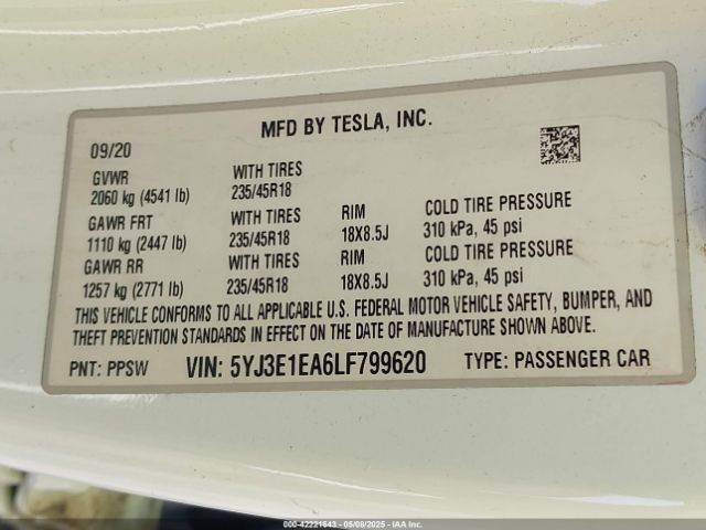 5YJ3E1EA6LF799620 Tesla Model 3 Standard Range Plus Rear-wheel Drive/standard Range Rear-wheel Drive
