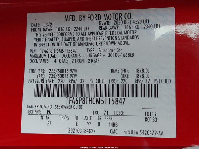 1FA6P8TH0M5115847 Ford Mustang Ecoboost Premium Fastback