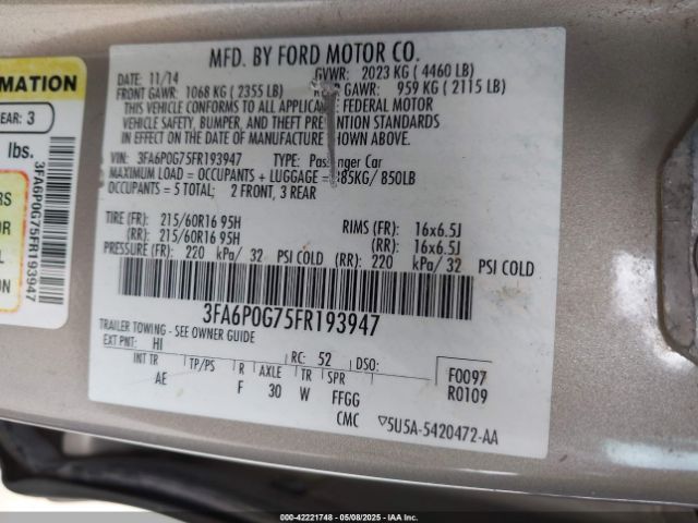 3FA6P0G75FR193947 Ford FUSION S