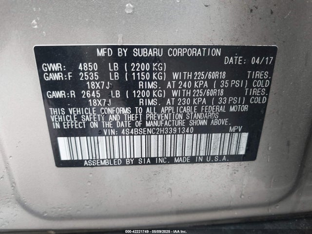 4S4BSENC2H3391340 Subaru Outback 3.6r Limited