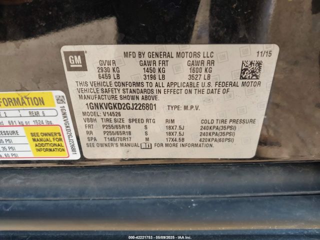 1GNKVGKD2GJ226801 Chevrolet Traverse 1lt