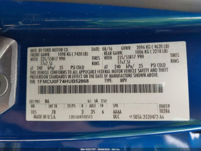 1FMCU0F74HUB52868 Ford ESCAPE S