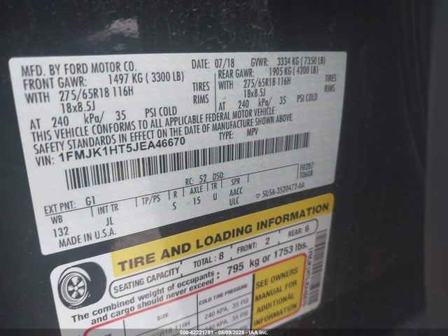 1FMJK1HT5JEA46670 Ford Expedition Max Xlt