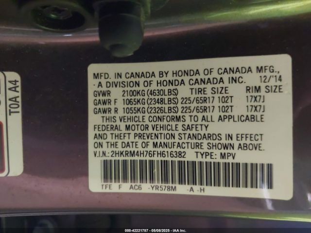 2HKRM4H76FH616382 Honda Cr-v Ex-l