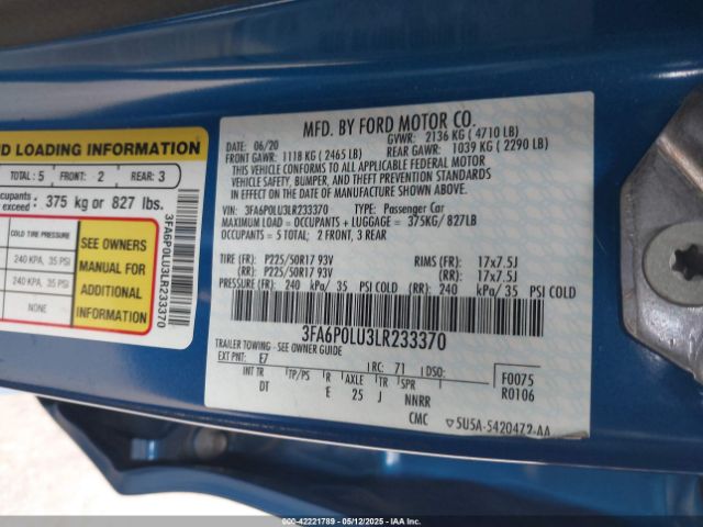 3FA6P0LU3LR233370 Ford 2.0l 4v atk hev