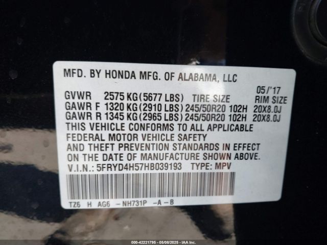 5FRYD4H57HB039193 Acura Mdx Technology Package