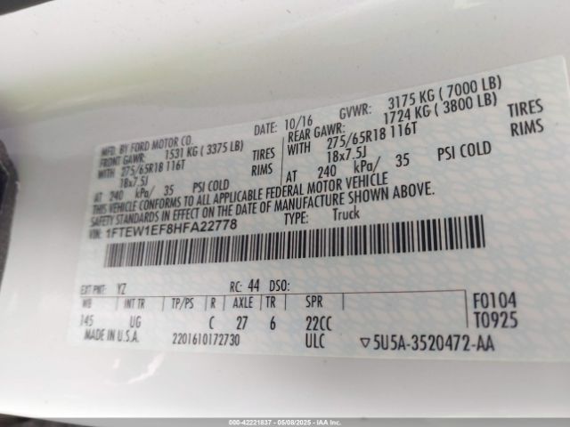 1FTEW1EF8HFA22778 Ford F-150 Xlt