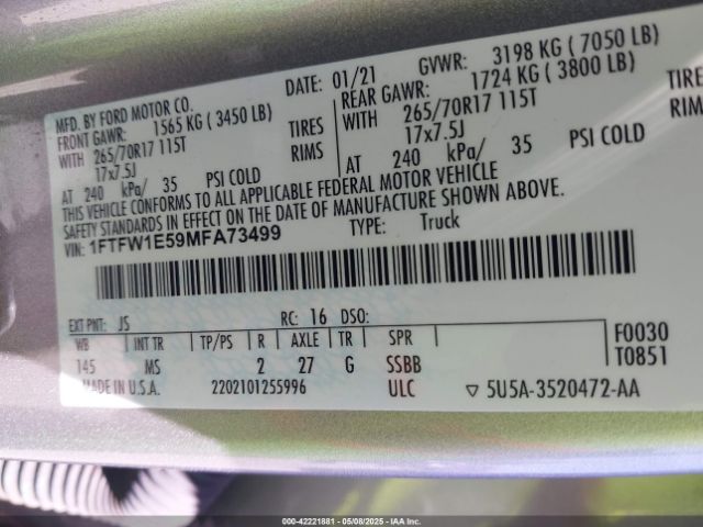1FTFW1E59MFA73499 Ford F-150 Xlt