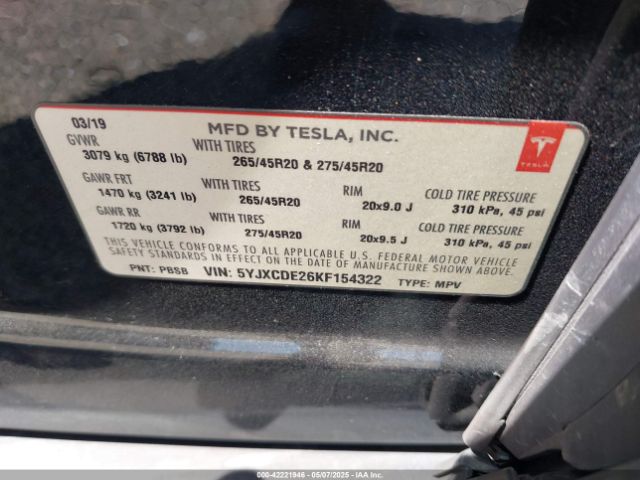 5YJXCDE26KF154322 Tesla Model X 100d/75d/long Range/standard Range