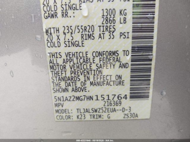 5N1AZ2MG7HN151764 Nissan Murano Platinum