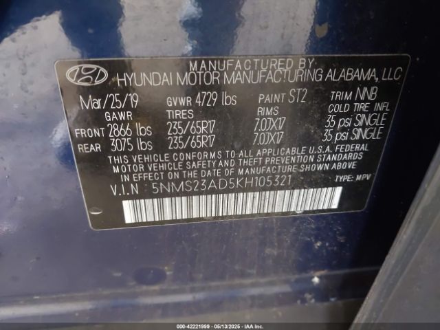 5NMS23AD5KH105321 Hyundai Santa Fe Se