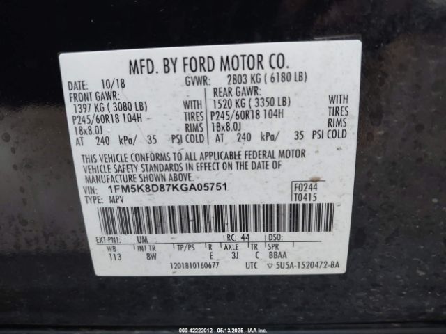 1FM5K8D87KGA05751 Ford EXPLORER XLT