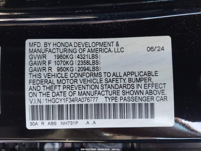 1HGCY1F34RA076777 Honda l15be