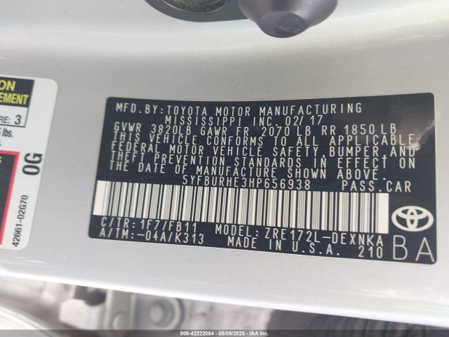 Toyota COROLLA LE 2017 5YFBURHE3HP656938 Image 9