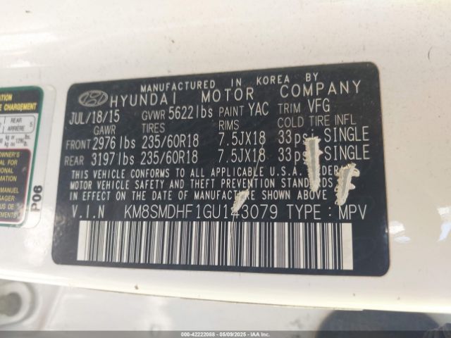 KM8SMDHF1GU143079 Hyundai Santa Fe Se