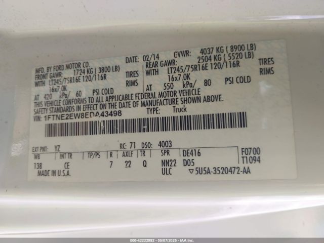 1FTNE2EW8EDA43498 Ford E-250 Commercial