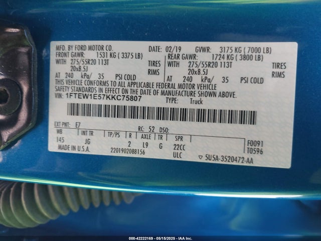 Ford 5.0l 4v 2019 1FTEW1E57KKC75807 Image 9