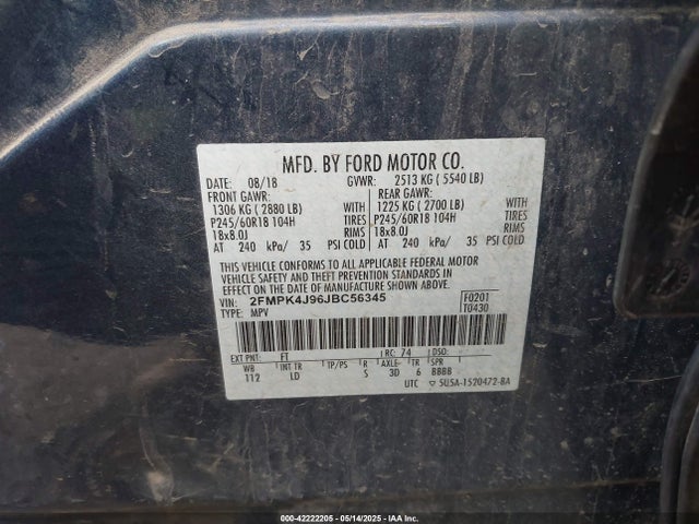 2FMPK4J96JBC56345 Ford 2.0l gtdi w/premium fuel