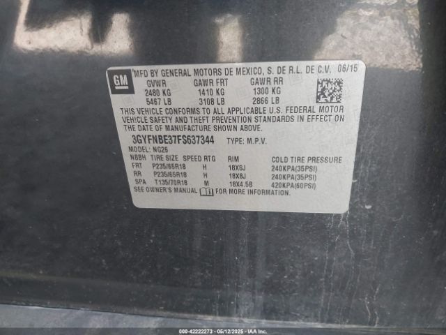3GYFNBE37FS637344 Cadillac Srx Luxury Collection