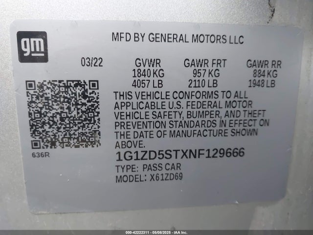1G1ZD5STXNF129666 Chevrolet Malibu Fwd Lt