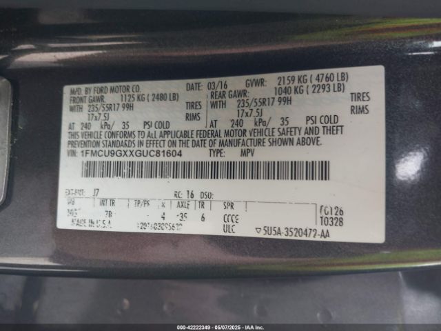 1FMCU9GXXGUC81604 Ford ESCAPE SE