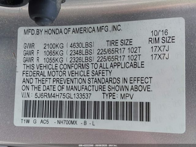 5J6RM4H75GL133537 Honda Cr-v Ex-l