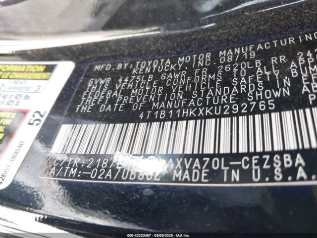 2019 TOYOTA CAMRY 4T1B11HKXKU292765 Photo 8