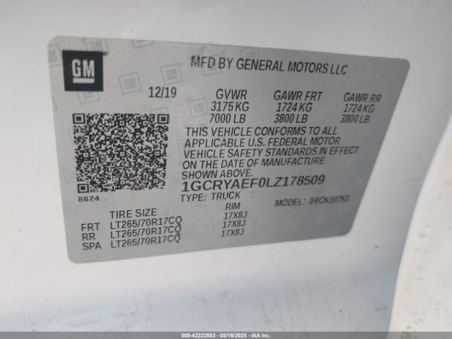 1GCRYAEF0LZ178509 Chevrolet Silverado 1500 4wd Double Cab Standard Bed Wt
