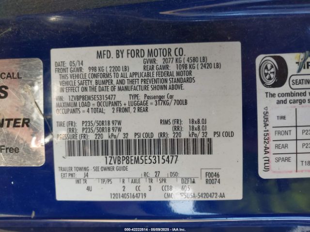 1ZVBP8EM5E5315477 Ford Mustang V6 Premium