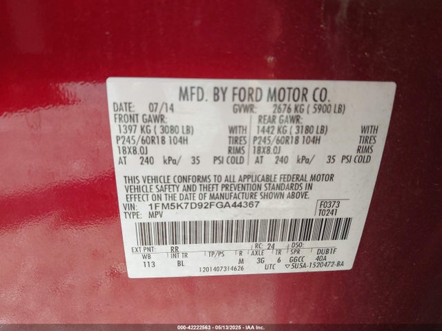 1FM5K7D92FGA44367 Ford EXPLORER XLT