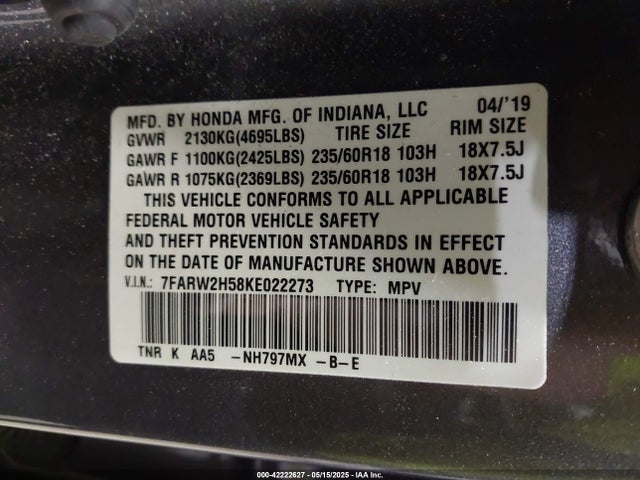 7FARW2H58KE022273 Honda CR-V EX