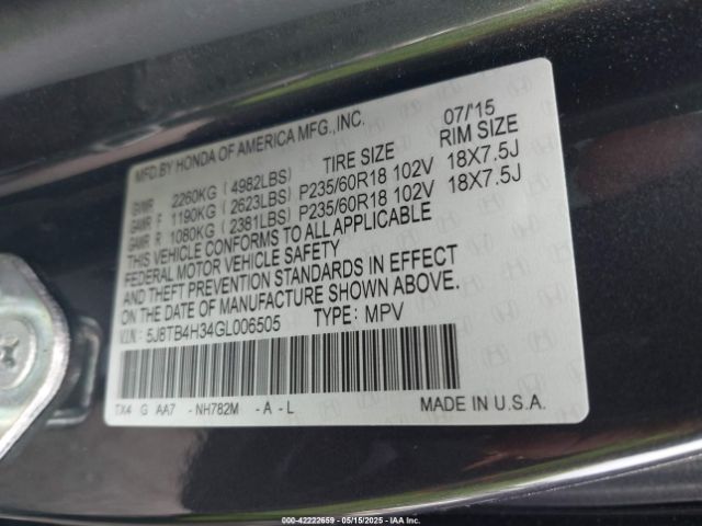 5J8TB4H34GL006505 Acura Rdx Acurawatch Plus Package